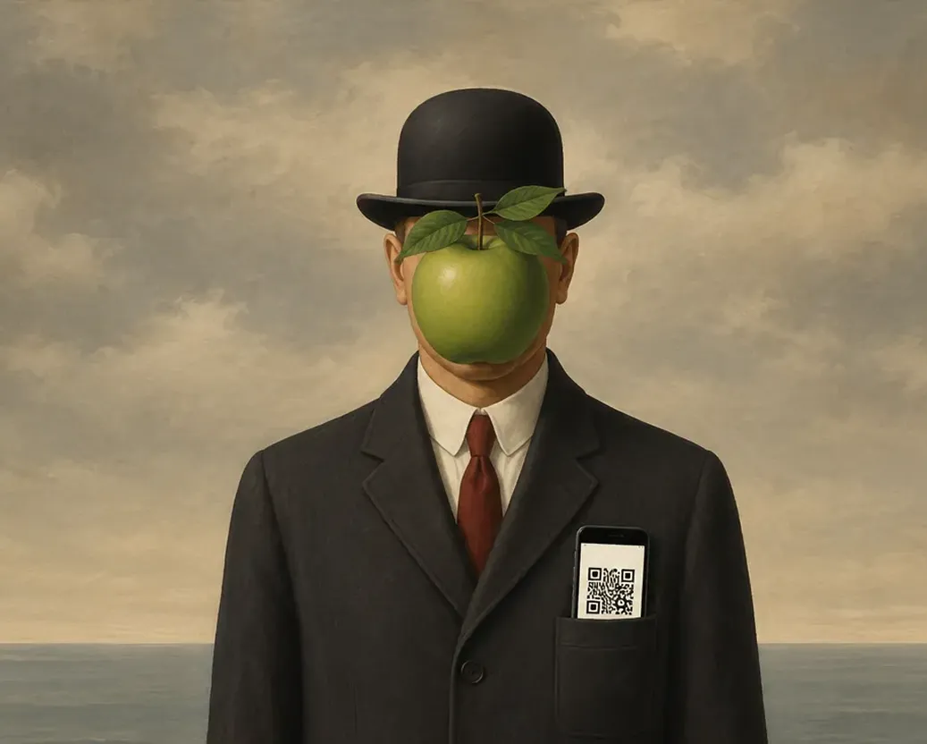 Surrealistisch schilderij met een digitale museumpas